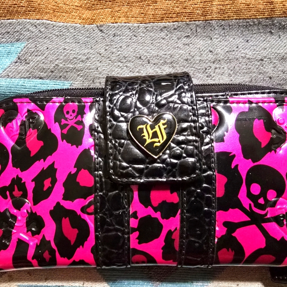 Hot Pink And Black Leopard And Skull Embossed Wallet